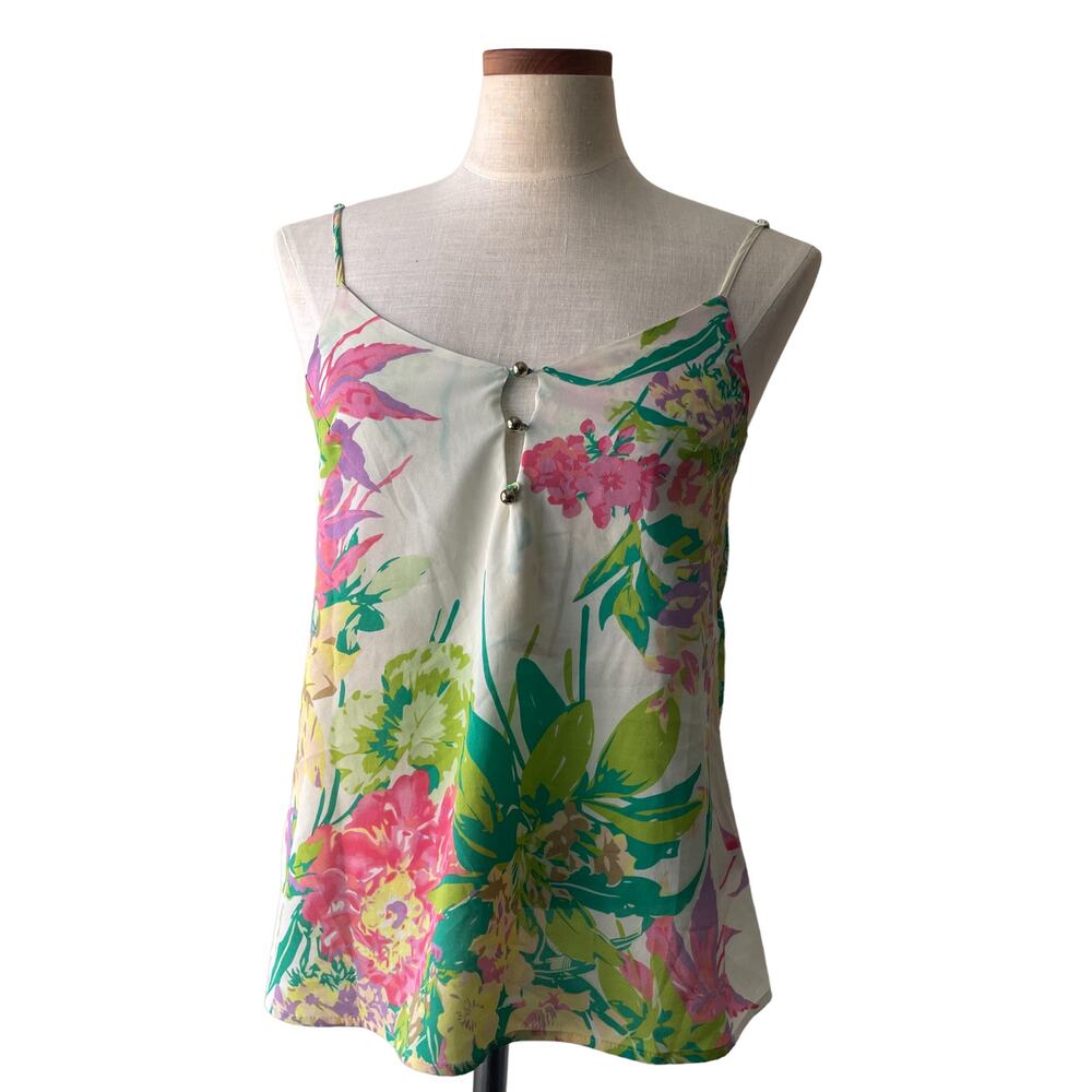 Yumi Kim Polyester Spaghetti Strap V-Neck Floral Print Flowy Ivory Tank Top - S